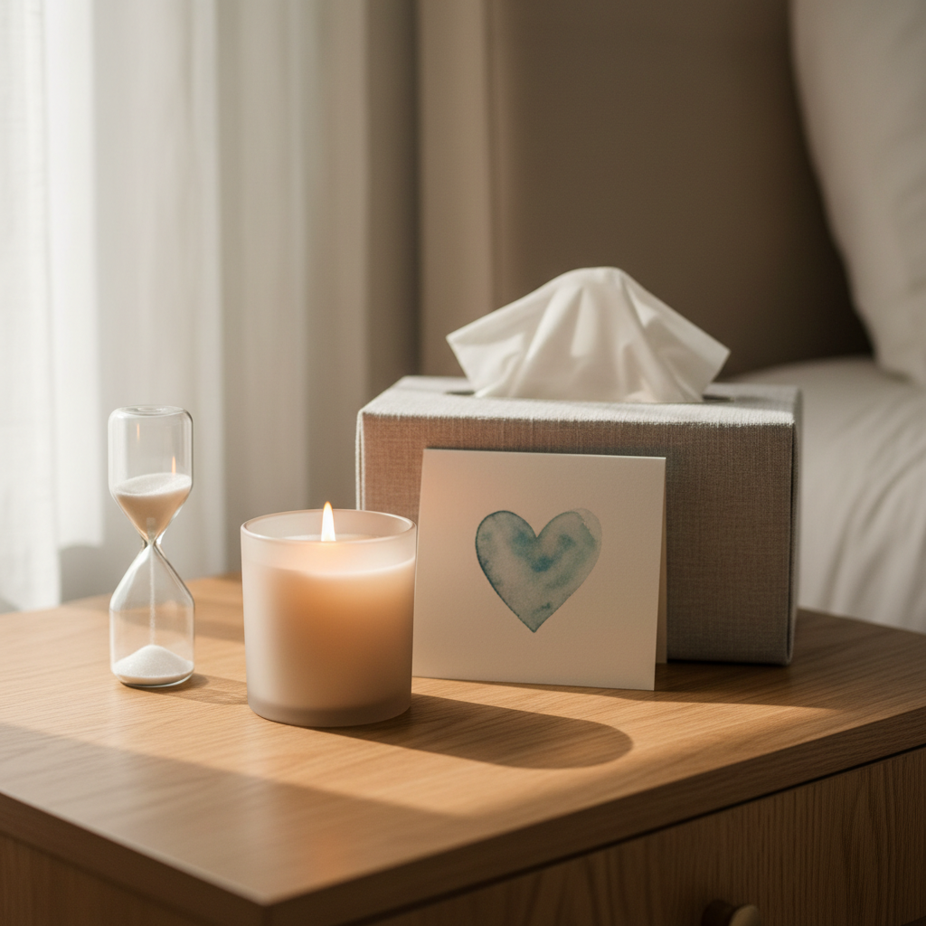 A neatly arranged collection of self-care objects sits on a smooth oak bedside table: a small, flickering soy candle in a frosted glass jar, a folded note card with an abstract heart illustration, a tissue box wrapped in soft linen, and a simple sand-filled hourglass mid-flow. Behind them, a blurred headboard with textured fabric suggests a bedroom sanctuary without showing any people. Soft morning light streams in from the left, creating a gentle glow and subtle reflections on glass surfaces. Captured from a slightly elevated angle in photographic realism, the image feels intimate and reassuring, symbolizing taking time to process emotions and giving oneself permission to pause and be cared for.